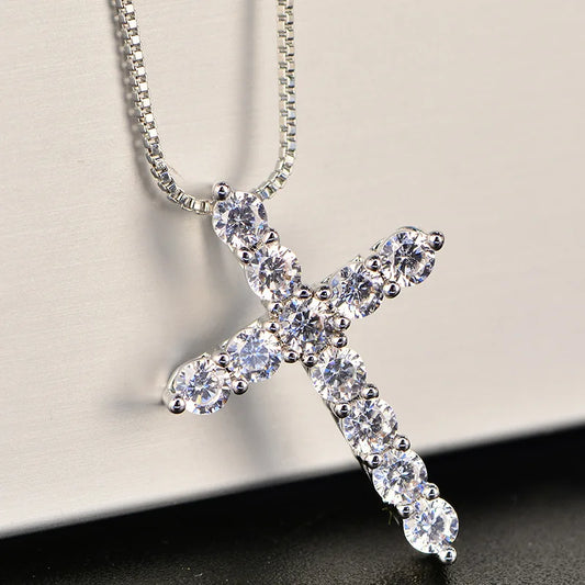 16-24Inches 925 Sterling Silver Necklace Box Chain Shiny Crystal Classic Cross Pendant for Women Men Fashion Jewelry Gifts