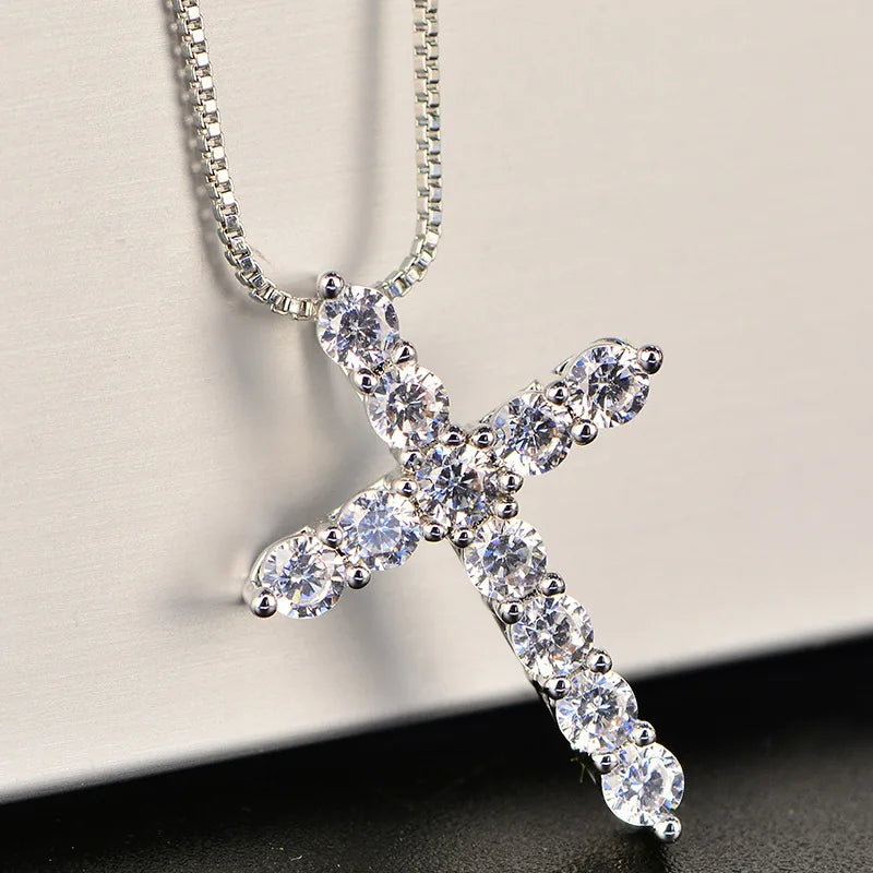 16-24Inches 925 Sterling Silver Necklace Box Chain Shiny Crystal Classic Cross Pendant for Women Men Fashion Jewelry Gifts